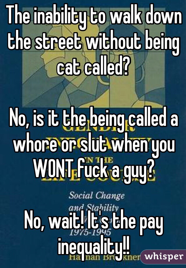 The inability to walk down the street without being cat called?

No, is it the being called a whore or slut when you WONT fuck a guy?

No, wait! It's the pay inequality!!