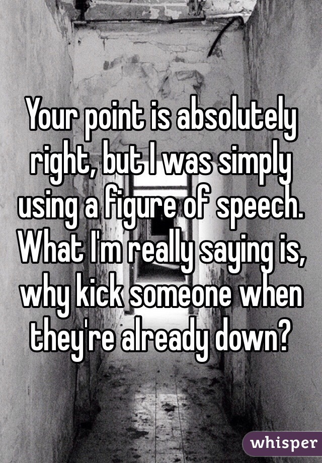 Your point is absolutely right, but I was simply using a figure of speech. What I'm really saying is, why kick someone when they're already down?