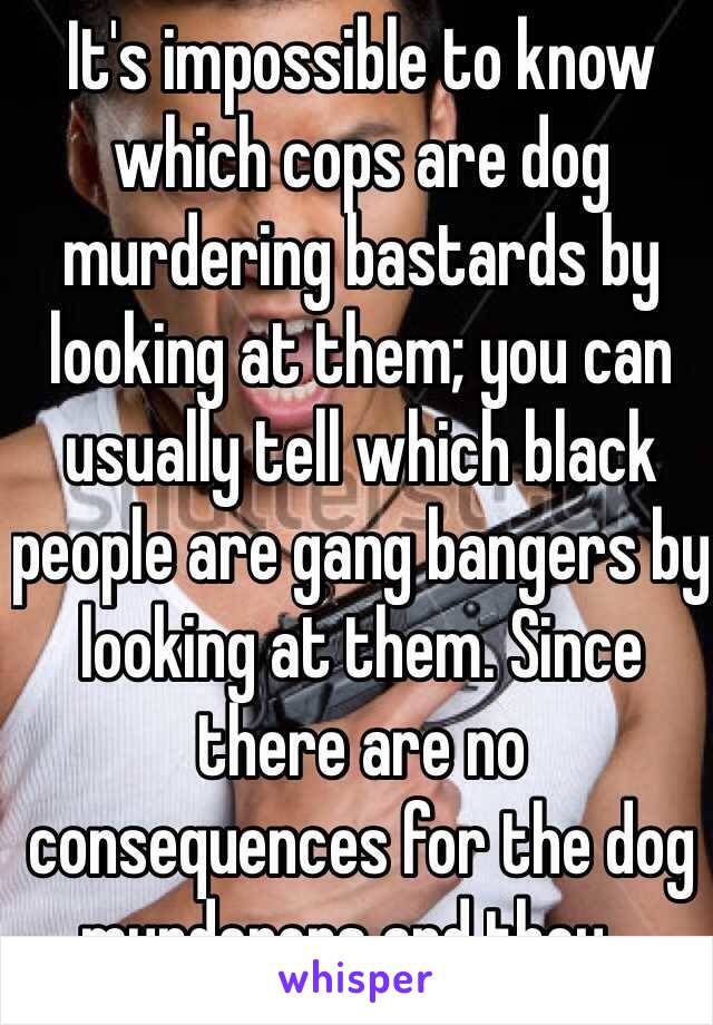 It's impossible to know which cops are dog murdering bastards by looking at them; you can usually tell which black people are gang bangers by looking at them. Since there are no consequences for the dog murderers and they...