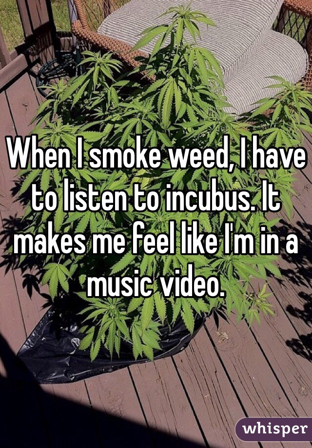 When I smoke weed, I have to listen to incubus. It makes me feel like I'm in a music video. 