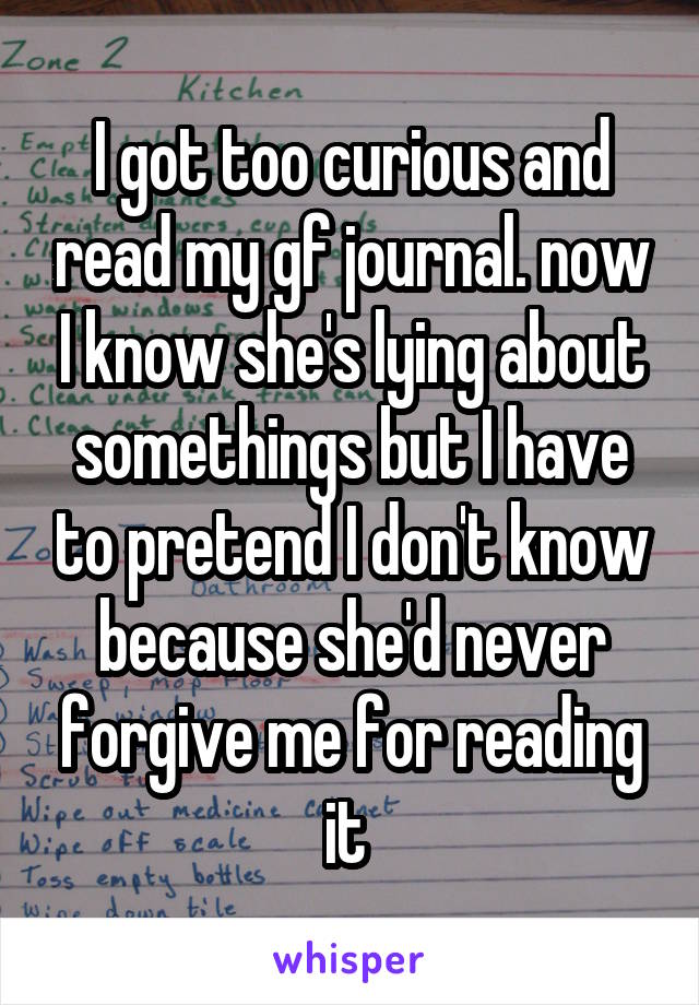 I got too curious and read my gf journal. now I know she's lying about somethings but I have to pretend I don't know because she'd never forgive me for reading it 