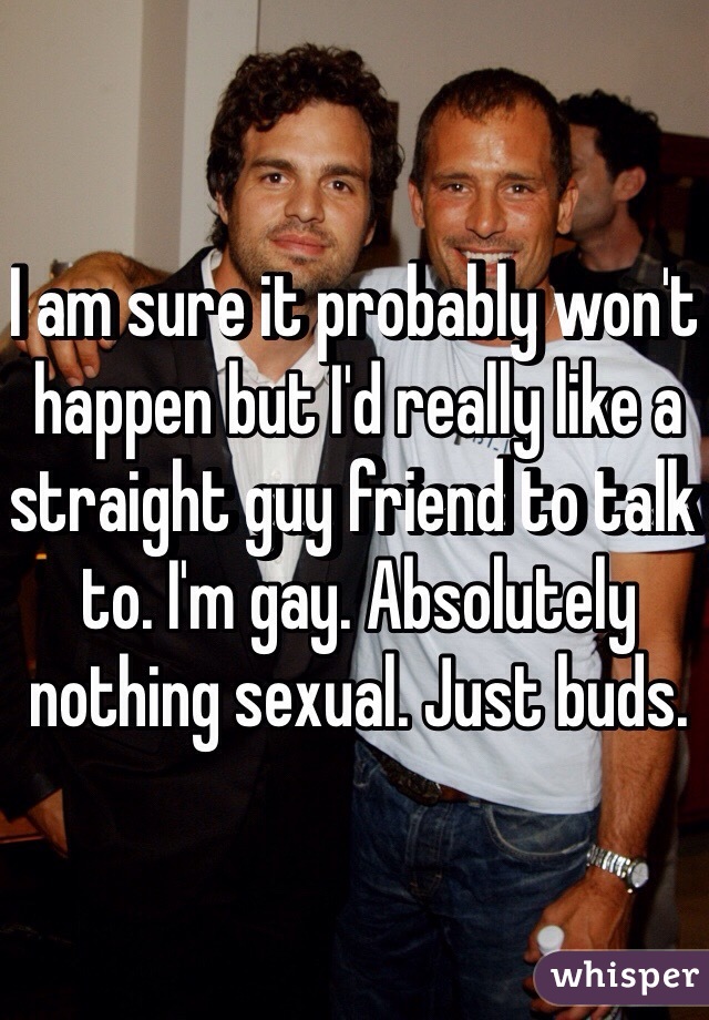 I am sure it probably won't happen but I'd really like a straight guy friend to talk to. I'm gay. Absolutely nothing sexual. Just buds. 