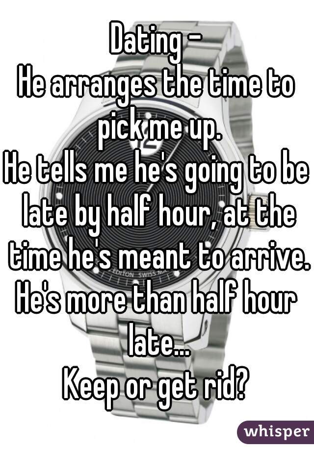 Dating -
He arranges the time to pick me up.
He tells me he's going to be late by half hour, at the time he's meant to arrive.
He's more than half hour late...
Keep or get rid?