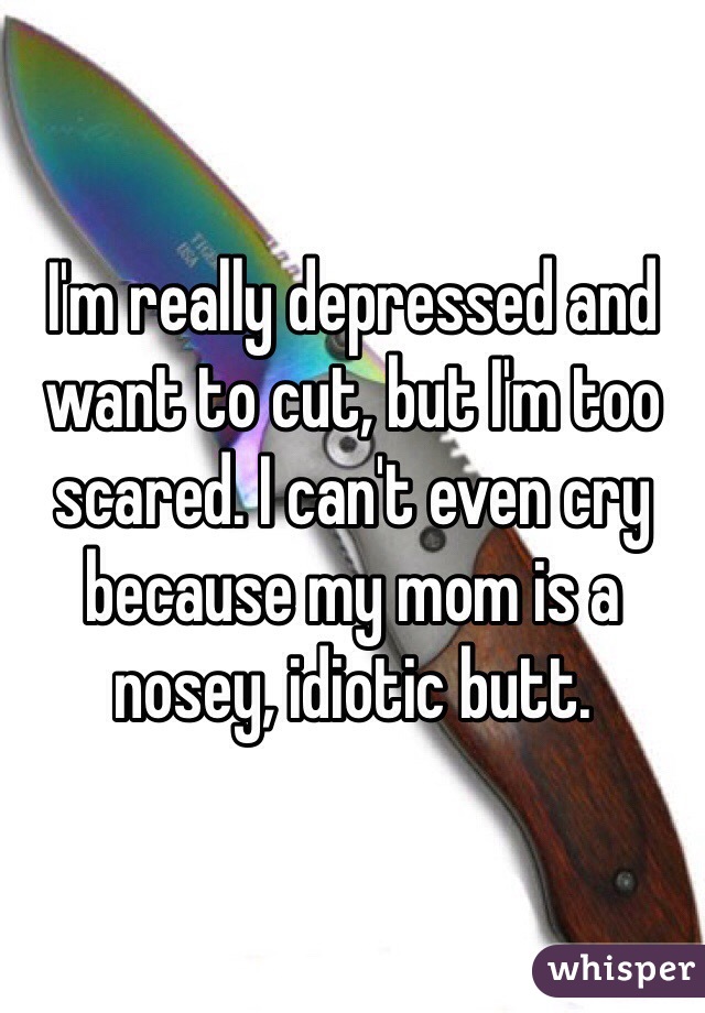 I'm really depressed and want to cut, but I'm too scared. I can't even cry because my mom is a nosey, idiotic butt.