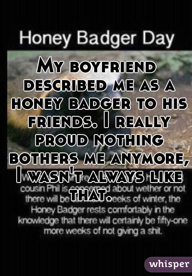 My boyfriend described me as a honey badger to his friends. I really proud nothing bothers me anymore, I wasn't always like that.   