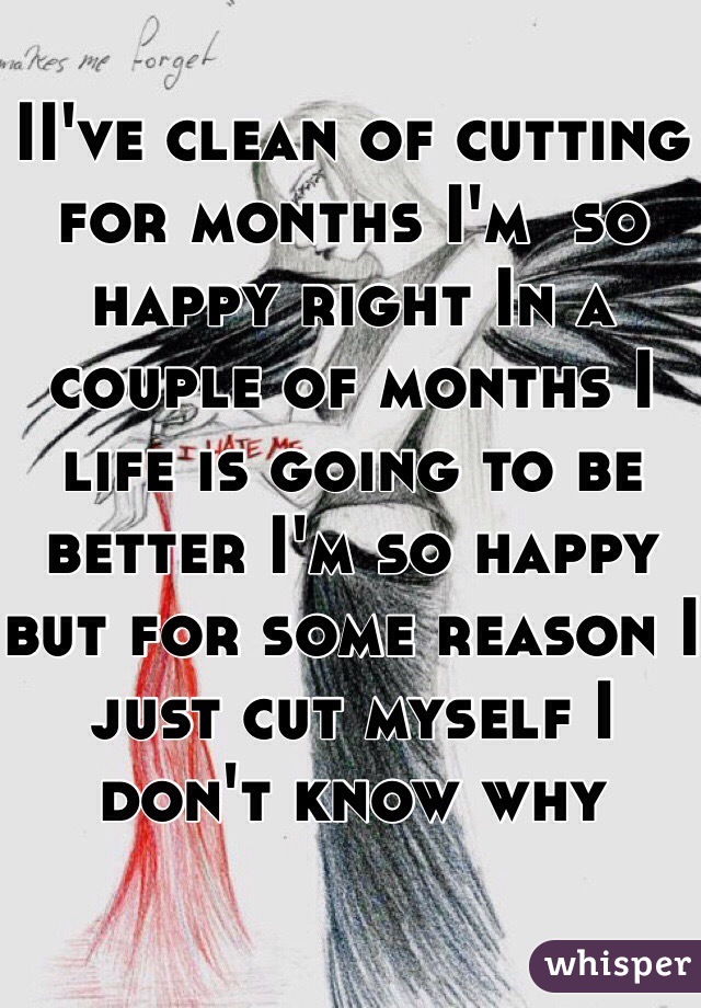 II've clean of cutting for months I'm  so happy right In a couple of months I life is going to be better I'm so happy but for some reason I just cut myself I don't know why 
