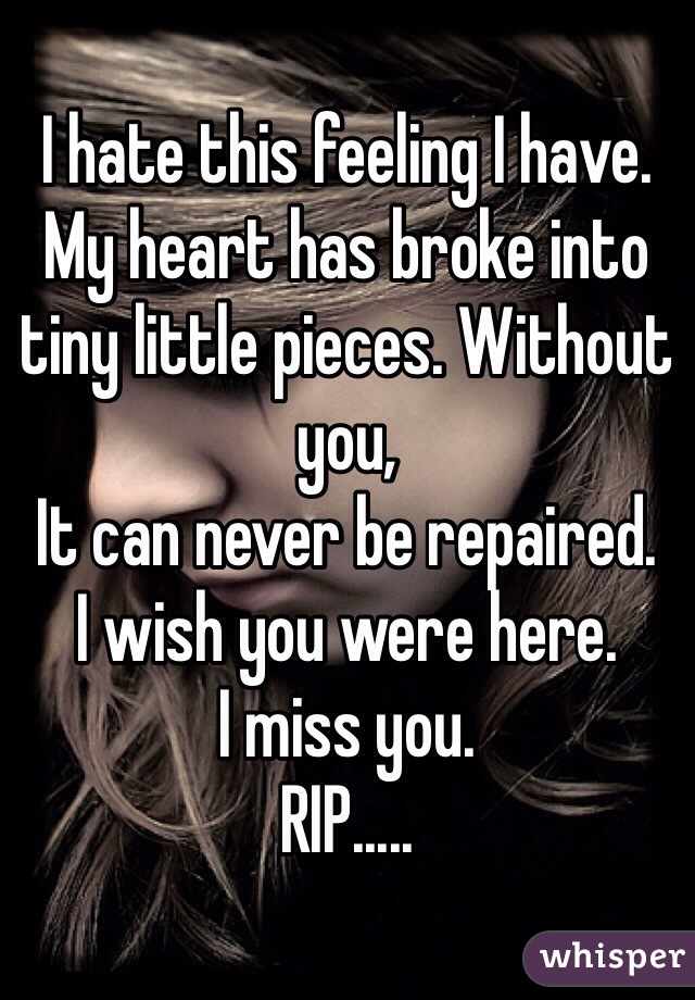 I hate this feeling I have.
My heart has broke into tiny little pieces. Without you,
It can never be repaired.
I wish you were here.
I miss you.
RIP.....