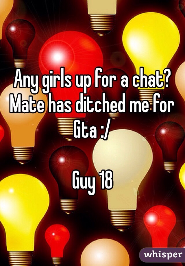 Any girls up for a chat? Mate has ditched me for Gta :/

Guy 18 