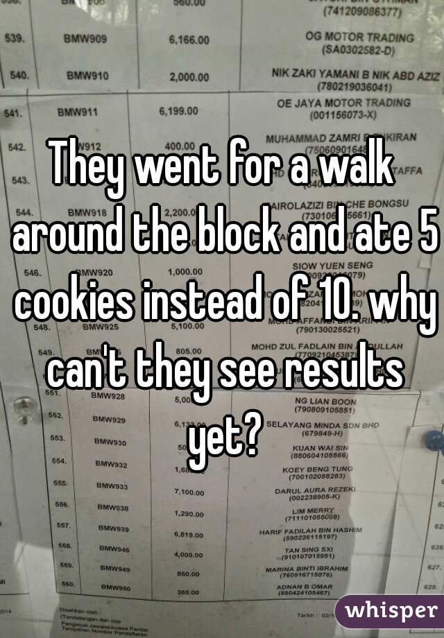 They went for a walk around the block and ate 5 cookies instead of 10. why can't they see results yet?