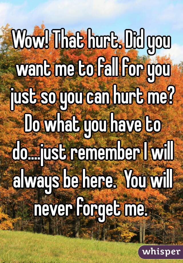Wow! That hurt. Did you want me to fall for you just so you can hurt me? Do what you have to do....just remember I will always be here.  You will never forget me. 