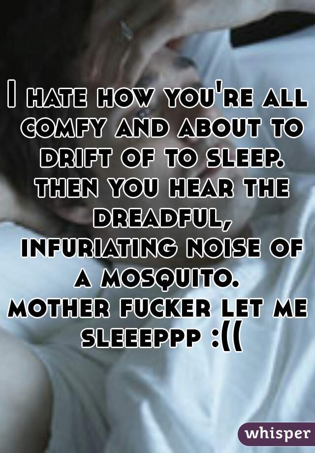 I hate how you're all comfy and about to drift of to sleep. then you hear the dreadful, infuriating noise of a mosquito. 
mother fucker let me sleeeppp :((