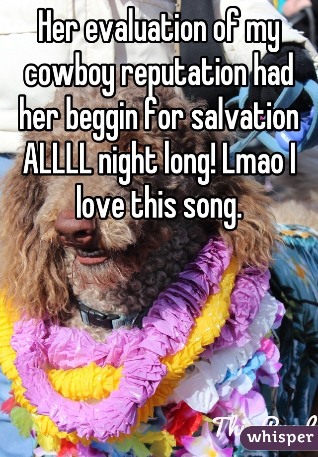 Her evaluation of my cowboy reputation had her beggin for salvation ALLLL night long! Lmao I love this song.