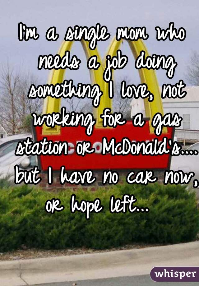 I'm a single mom who needs a job doing something I love, not working for a gas station or McDonald's.... but I have no car now, or hope left...  