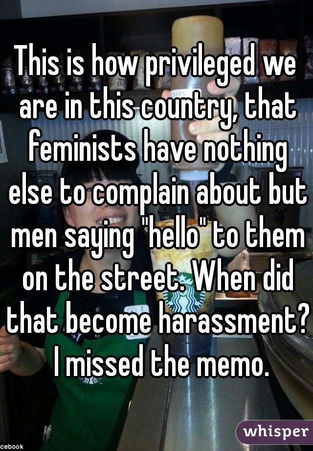 This is how privileged we are in this country, that feminists have nothing else to complain about but men saying "hello" to them on the street. When did that become harassment?  I missed the memo.