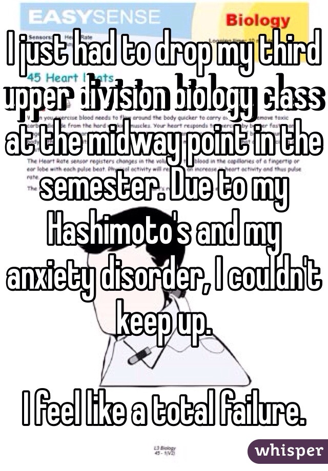 I just had to drop my third upper division biology class at the midway point in the semester. Due to my  Hashimoto's and my anxiety disorder, I couldn't keep up. 

I feel like a total failure. 