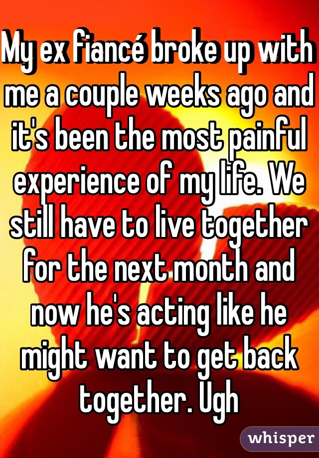 My ex fiancé broke up with me a couple weeks ago and it's been the most painful experience of my life. We still have to live together for the next month and now he's acting like he might want to get back together. Ugh 