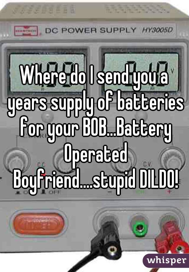 Where do I send you a years supply of batteries for your BOB...Battery Operated Boyfriend....stupid DILDO!