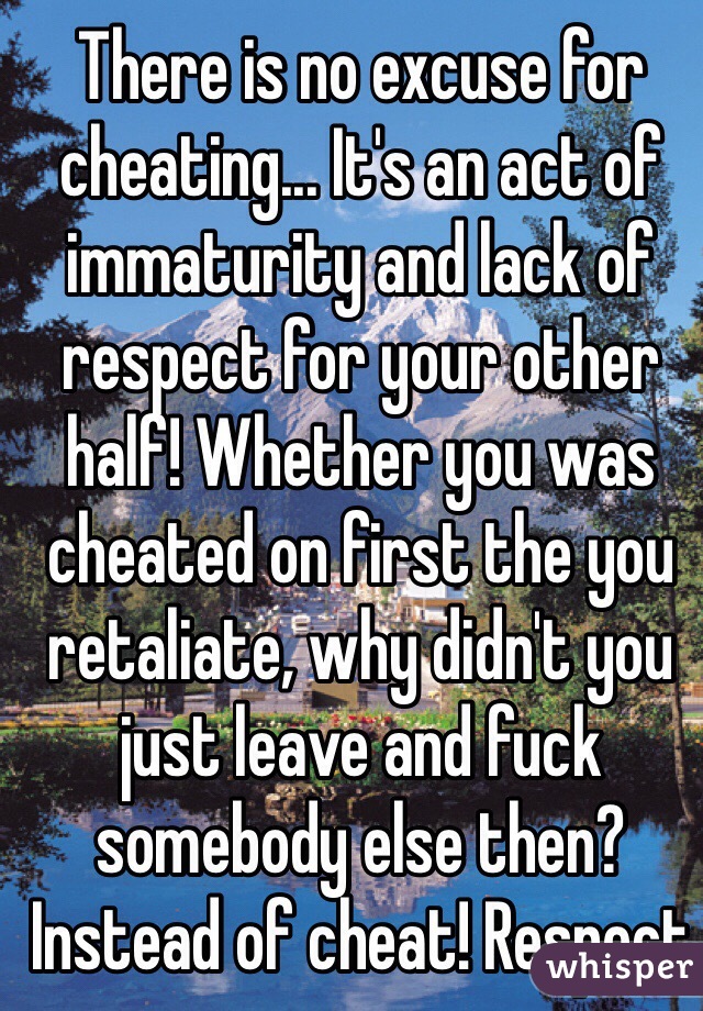 There is no excuse for cheating... It's an act of immaturity and lack of respect for your other half! Whether you was cheated on first the you retaliate, why didn't you just leave and fuck somebody else then? Instead of cheat! Respect