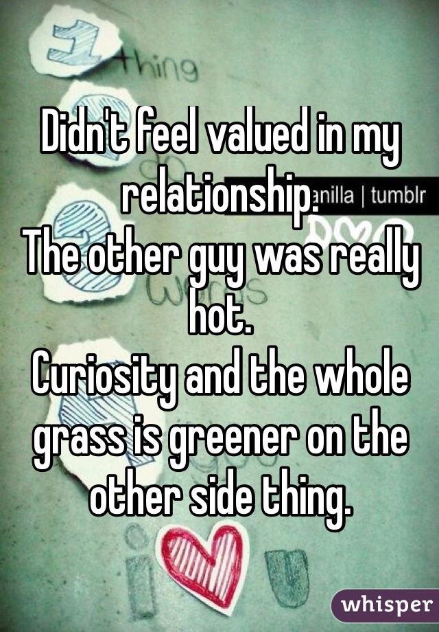 Didn't feel valued in my relationship.
The other guy was really hot.
Curiosity and the whole grass is greener on the other side thing.
