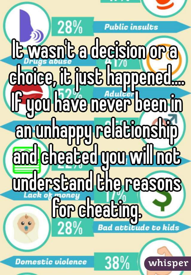 It wasn't a decision or a choice, it just happened.... If you have never been in an unhappy relationship and cheated you will not understand the reasons for cheating.