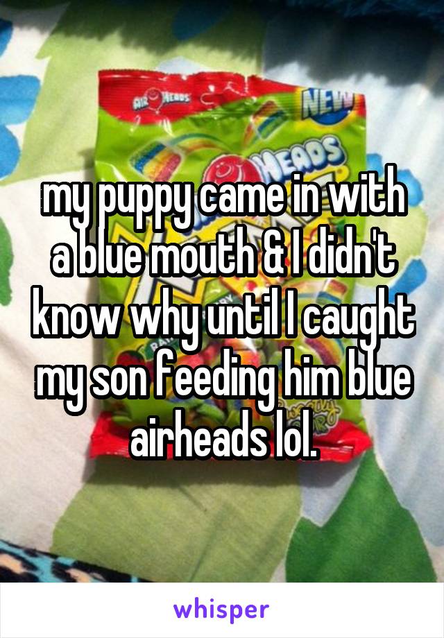 my puppy came in with a blue mouth & I didn't know why until I caught my son feeding him blue airheads lol.