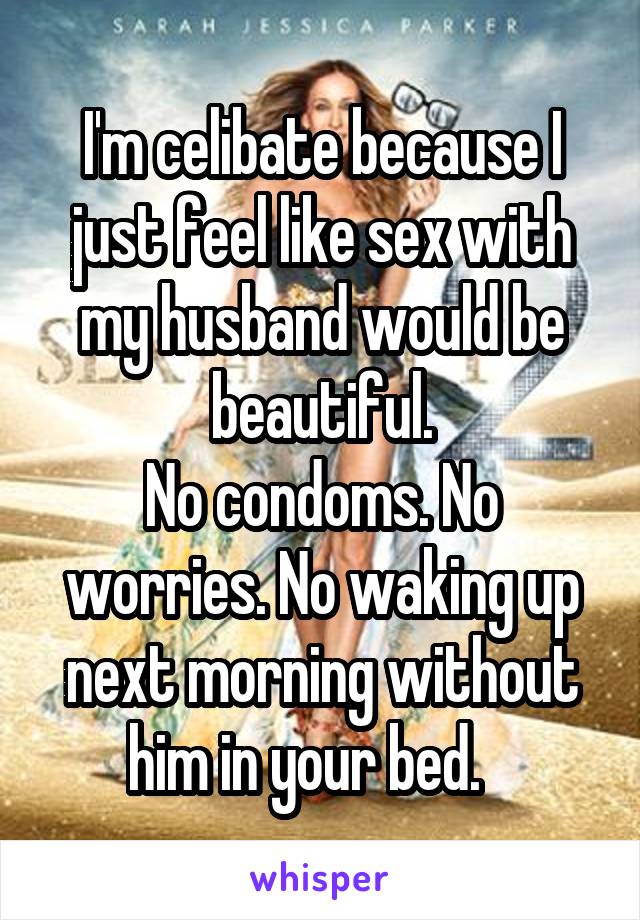 I'm celibate because I just feel like sex with my husband would be beautiful.
No condoms. No worries. No waking up next morning without him in your bed.   