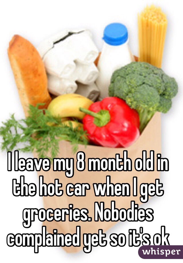 I leave my 8 month old in the hot car when I get groceries. Nobodies complained yet so it's ok