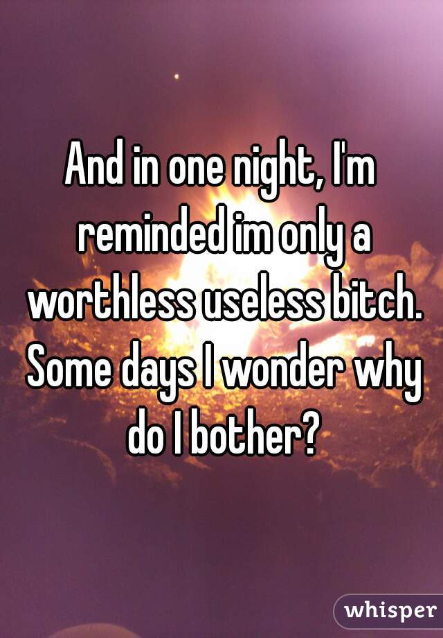 And in one night, I'm reminded im only a worthless useless bitch. Some days I wonder why do I bother?