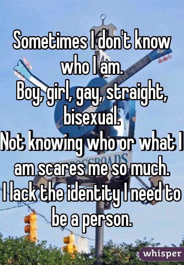 Sometimes I don't know who I am. 
Boy, girl, gay, straight, bisexual. 
Not knowing who or what I am scares me so much. 
I lack the identity I need to be a person. 