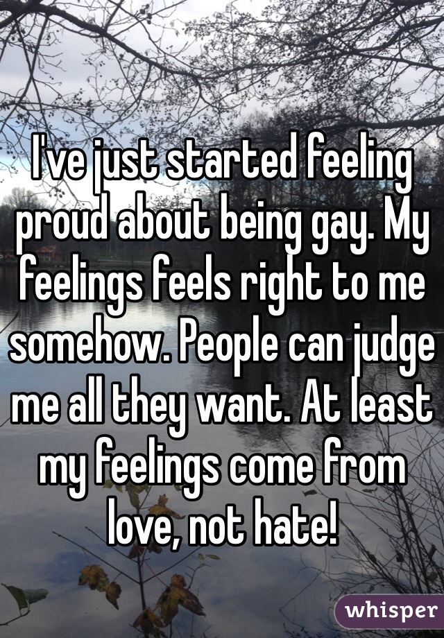 I've just started feeling proud about being gay. My feelings feels right to me somehow. People can judge me all they want. At least my feelings come from love, not hate!