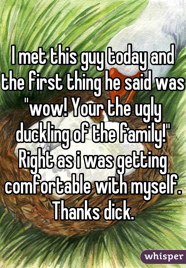 I met this guy today and the first thing he said was "wow! Your the ugly duckling of the family!" Right as i was getting comfortable with myself. Thanks dick.