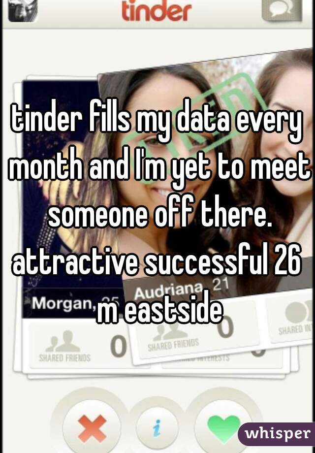 tinder fills my data every month and I'm yet to meet someone off there.
attractive successful 26 m eastside