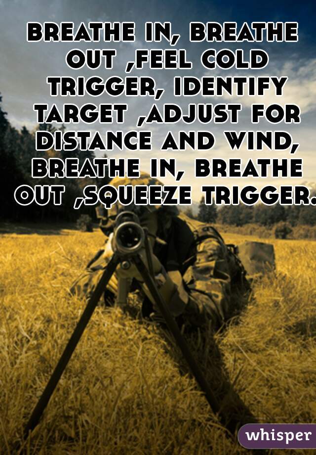 breathe in, breathe out ,feel cold trigger, identify target ,adjust for distance and wind, breathe in, breathe out ,squeeze trigger.