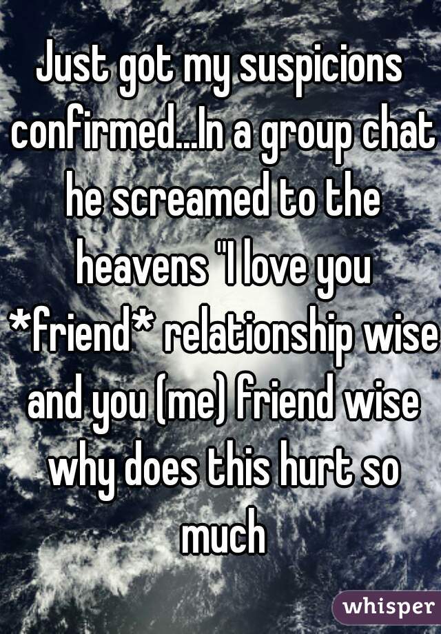 Just got my suspicions confirmed...In a group chat he screamed to the heavens "I love you *friend* relationship wise and you (me) friend wise why does this hurt so much