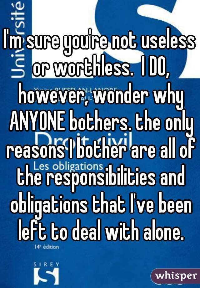 I'm sure you're not useless or worthless.  I DO, however, wonder why ANYONE bothers. the only reasons I bother are all of the responsibilities and obligations that I've been left to deal with alone.