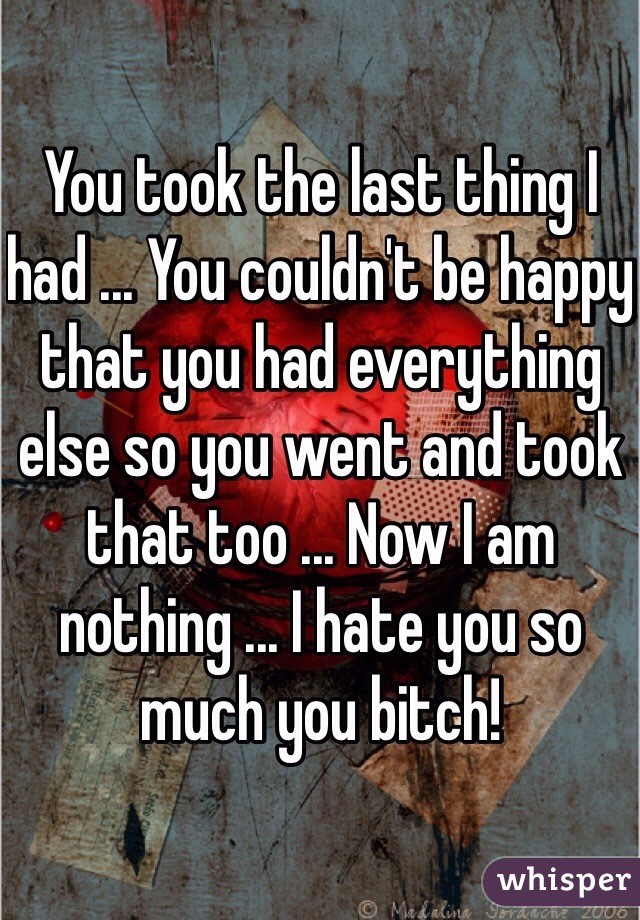 You took the last thing I had ... You couldn't be happy that you had everything else so you went and took that too ... Now I am nothing ... I hate you so much you bitch!