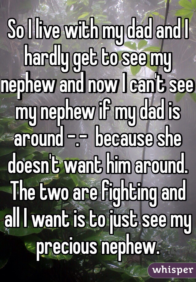 So I live with my dad and I hardly get to see my nephew and now I can't see my nephew if my dad is around -.-  because she doesn't want him around. The two are fighting and all I want is to just see my precious nephew. 