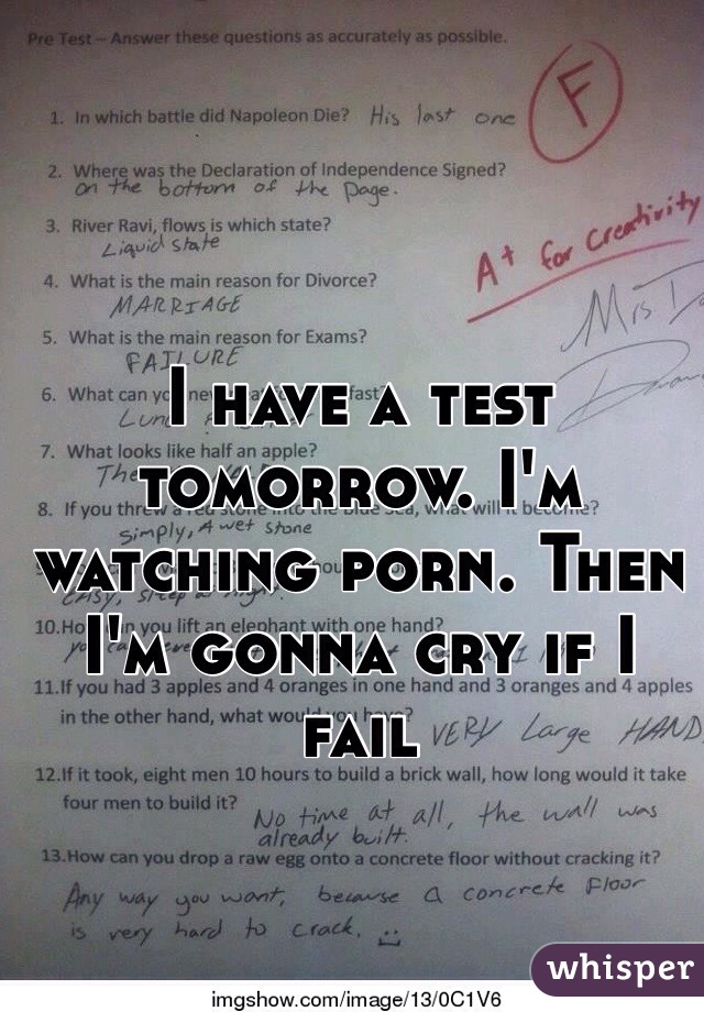 I have a test tomorrow. I'm watching porn. Then I'm gonna cry if I fail 