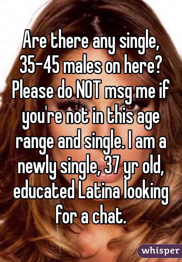 Are there any single, 35-45 males on here? Please do NOT msg me if you're not in this age range and single. I am a newly single, 37 yr old, educated Latina looking for a chat. 