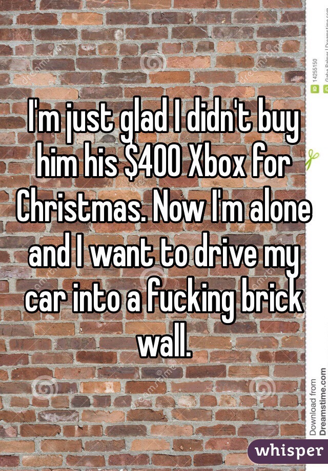 I'm just glad I didn't buy him his $400 Xbox for Christmas. Now I'm alone and I want to drive my car into a fucking brick wall. 