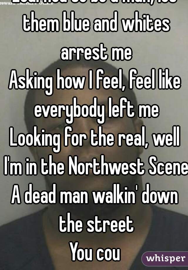 Learned to be a man, let them blue and whites arrest me
Asking how I feel, feel like everybody left me
Looking for the real, well I'm in the Northwest Scene
A dead man walkin' down the street
You cou