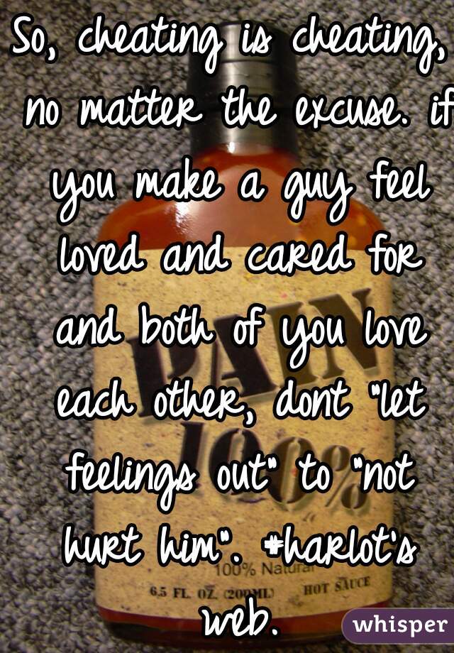 So, cheating is cheating, no matter the excuse. if you make a guy feel loved and cared for and both of you love each other, dont "let feelings out" to "not hurt him". #harlot's web.