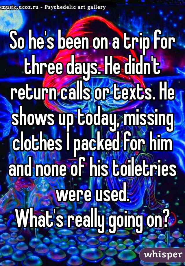 So he's been on a trip for three days. He didn't return calls or texts. He shows up today, missing clothes I packed for him and none of his toiletries were used. 
What's really going on?