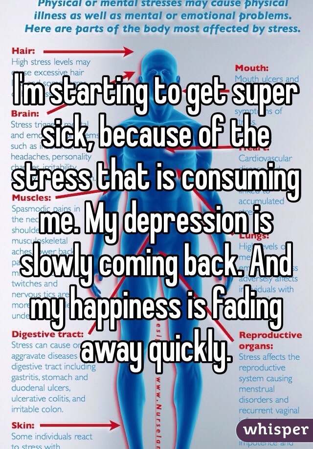 I'm starting to get super sick, because of the stress that is consuming me. My depression is slowly coming back. And my happiness is fading away quickly. 