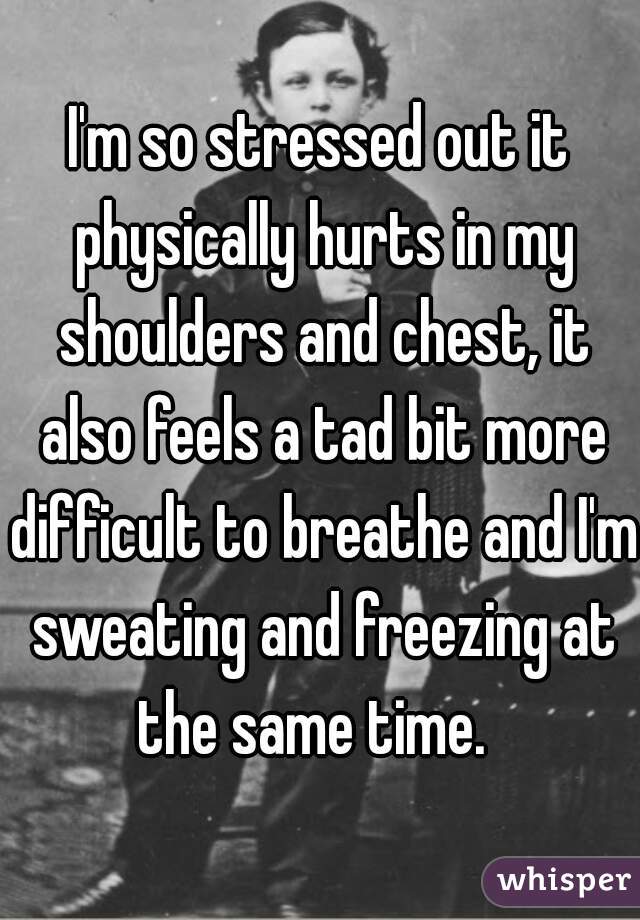 I'm so stressed out it physically hurts in my shoulders and chest, it also feels a tad bit more difficult to breathe and I'm sweating and freezing at the same time.  