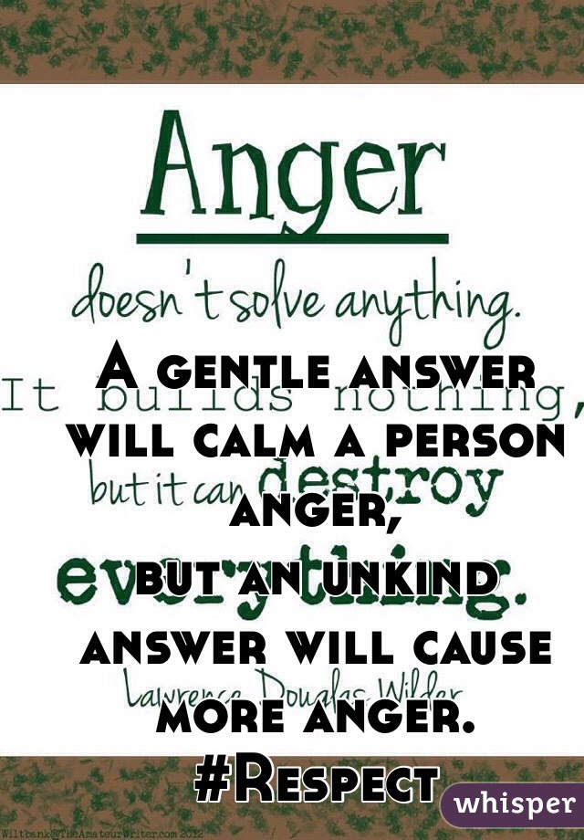 A gentle answer will calm a person anger, 
but an unkind answer will cause more anger.
#Respect