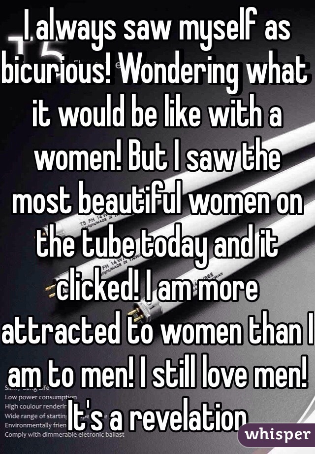 I always saw myself as bicurious! Wondering what it would be like with a women! But I saw the most beautiful women on the tube today and it clicked! I am more attracted to women than I am to men! I still love men! It's a revelation 