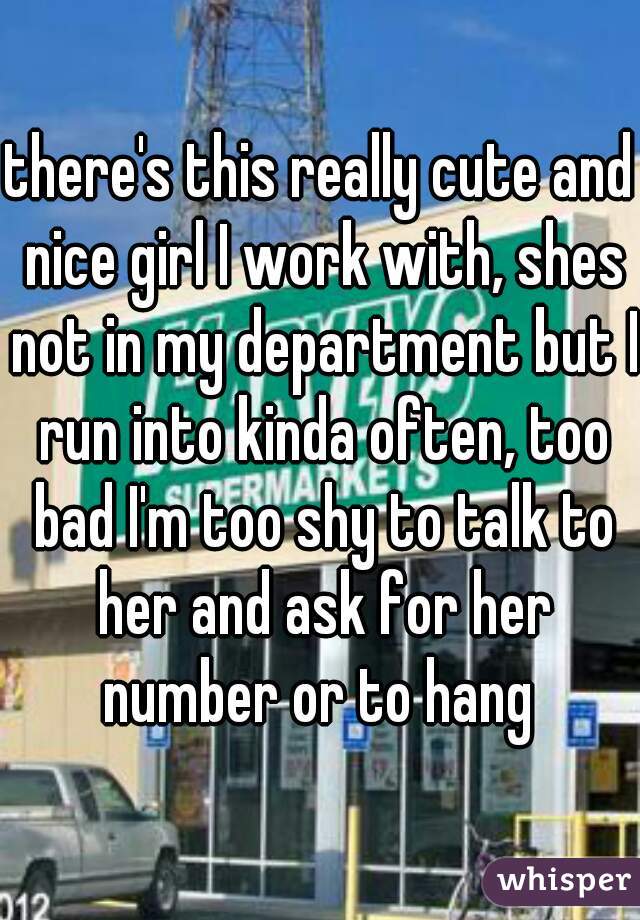 there's this really cute and nice girl I work with, shes not in my department but I run into kinda often, too bad I'm too shy to talk to her and ask for her number or to hang 