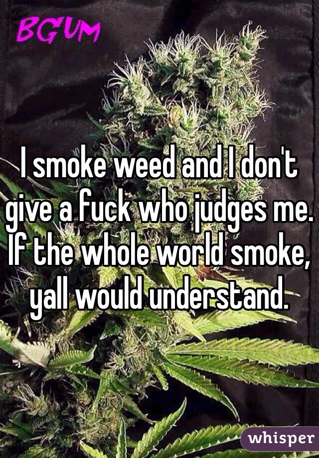 I smoke weed and I don't give a fuck who judges me. If the whole world smoke, yall would understand.