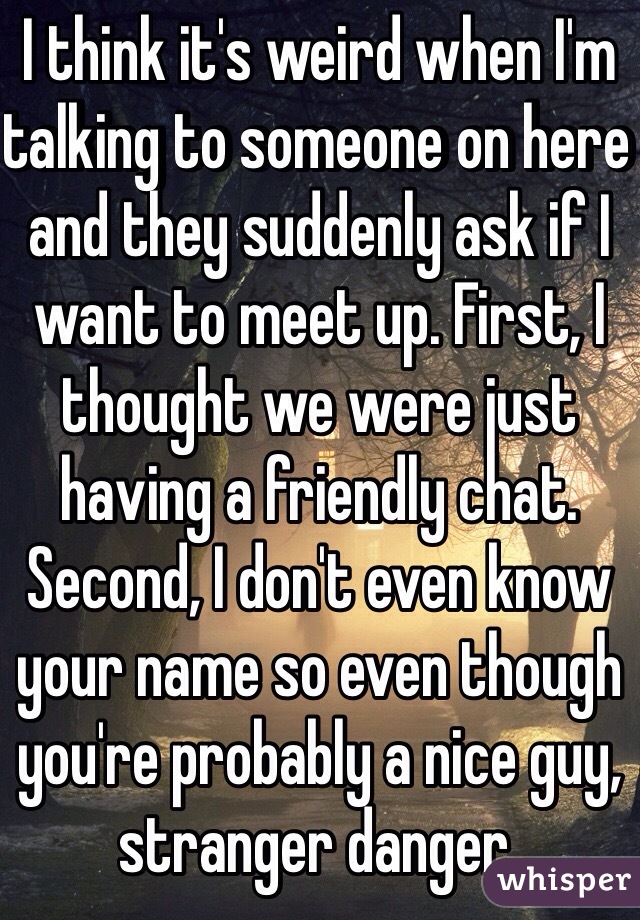 I think it's weird when I'm talking to someone on here and they suddenly ask if I want to meet up. First, I thought we were just having a friendly chat. Second, I don't even know your name so even though you're probably a nice guy, stranger danger.